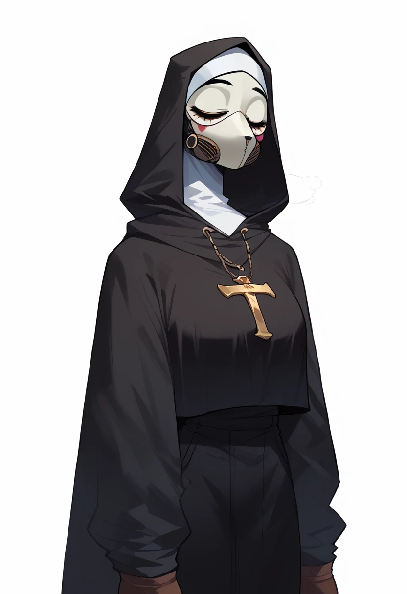 Plague doctor, 1 girl, standing alone, hooded cloak, mask, mitts, with no face, Plague doctor mask, Cao Cao,huge boobies(nun clothes)