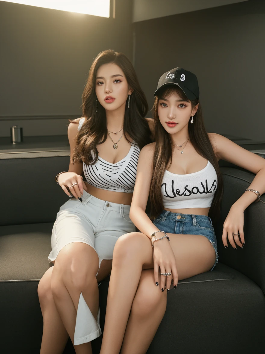 there are two women beautiful sitting on a couch with their legs crossed,girl, secondlife, second life avatar, bra and shorts streetwear, smooth in _ the background, inspired by Sim Sa-jeong, aesthetic!!!!!!!!!!, 2 k aesthetic, tumblr, wearing a cropped tops, aesthetic!!!!, grunge aesthetic, inspired by Wang Duo