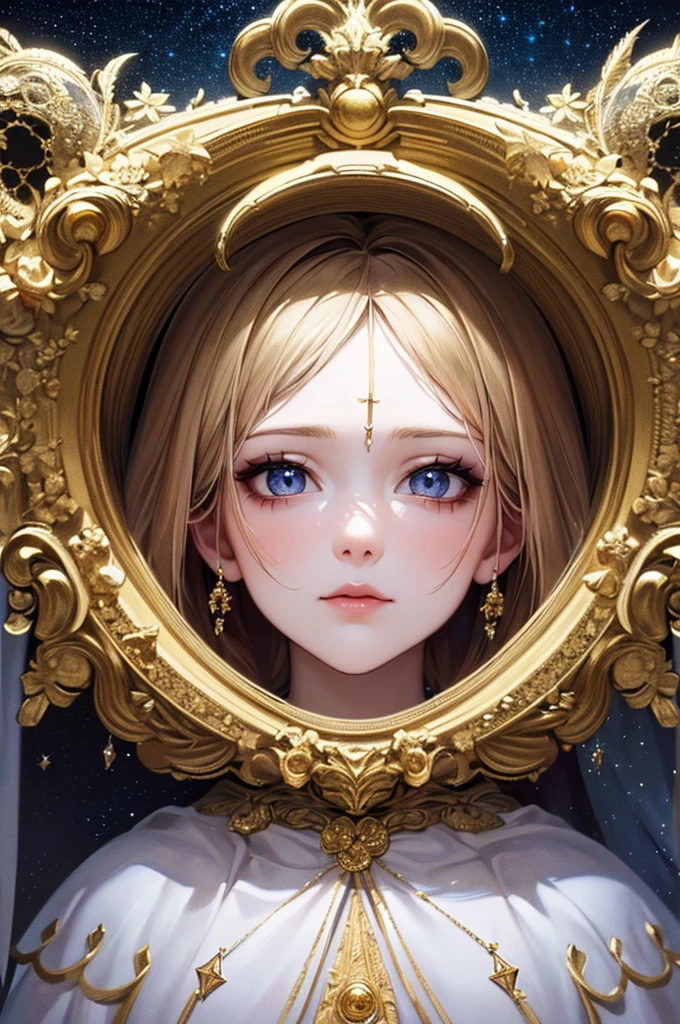 (masterpiece, Highest quality, Highest quality, Official Art, Beauty and aesthetics: 1.2), (1 Girl), (Fractal Art: 1.3), colorful, Supreme detail, Perfect Face, High resolution, prayer, (White cloak Golden Line: 1.2), Starry Sky, shooting star, Light Stripe, Surrealism.