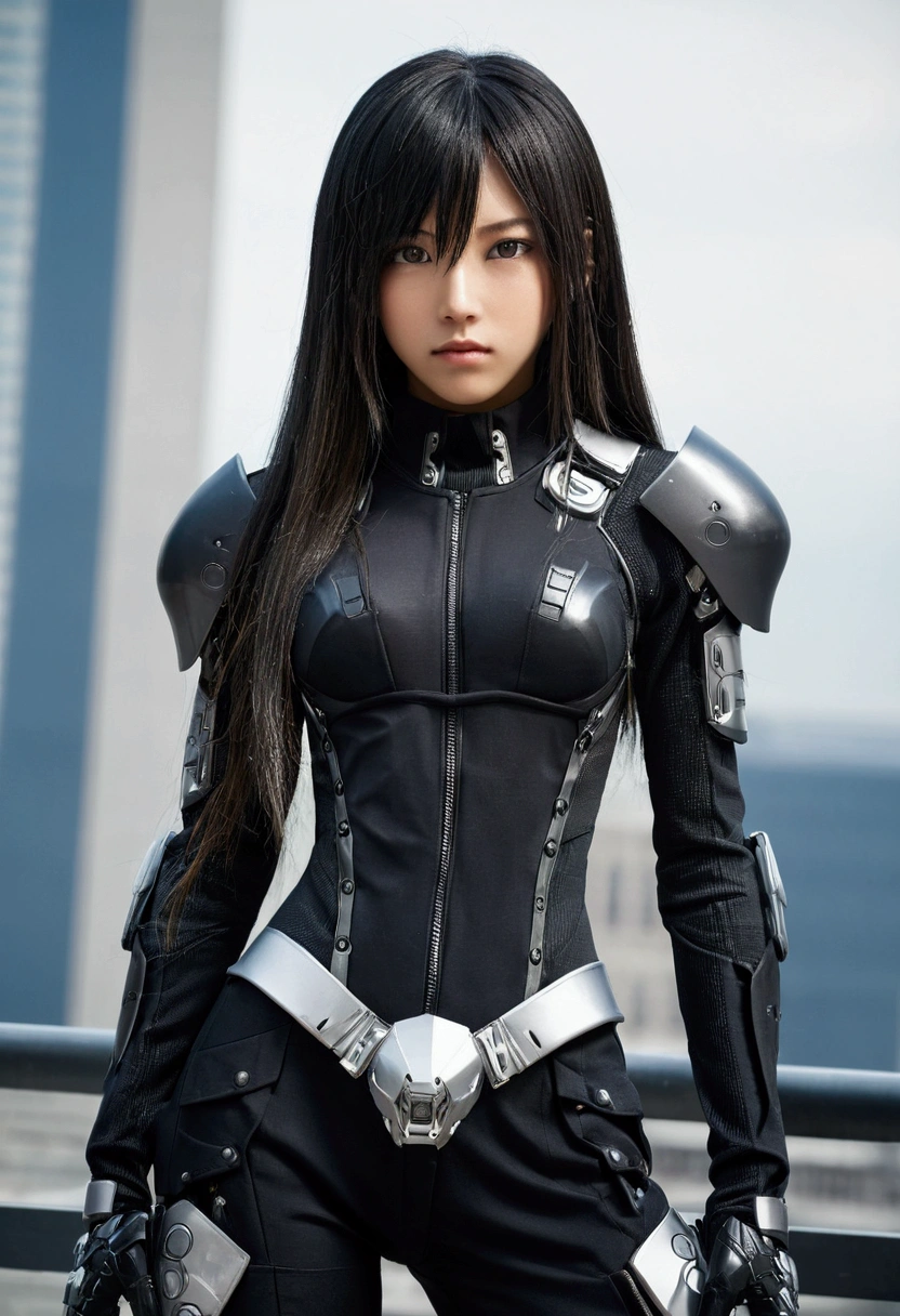 Cyber Suit,cyber punk,sf,Cyber Battle Armor,Battle Dress,uniform,pants,黒いuniform,height: 168cm,almond 形 eyes,Long Hair, Straight hair,18-year-old,,Silver Eyes,Very detailed,Detailed perfection,Detailed Hyper,Abundant thighs,Big Ass,Black clothes,The camera is looking from above,
