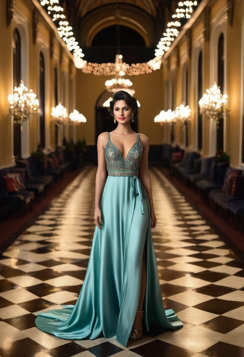 An Italian beauty posing on the street in Tuscany in dolce Gabbana haute couture asymmetrical dress flowing at night the moon can be seen, realism, flirtatious pose enjoying the night air