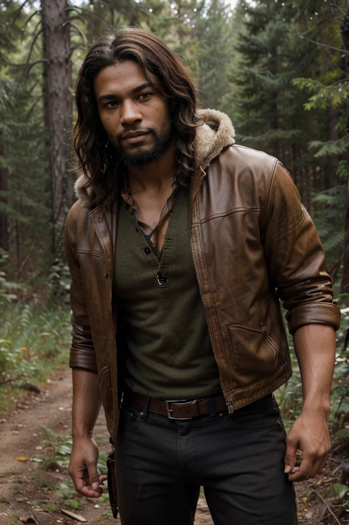 Create a high-quality and realistic image of a young black man with short hair and an imposing beard. He should have a determined smile and fierce, penetrating golden eyes, dressed in adventurer-style clothing reminiscent of Indiana Jones, with leather details and utility accessories. The young man should have an athletic body and be in a wilderness setting, with dense vegetation and natural elements in the background. Use detailed textures for the skin, hair, beard, and clothing of the young man. Specify a cinematic lens with a shallow depth of field to focus on the young man and create a blurred background that highlights the wilderness setting. Use natural and realistic lighting to enhance the features of the young man and the atmosphere of the environment. Negative prompts: no body deformities, no unnatural proportions, no low-quality textures, no unrealistic lighting.