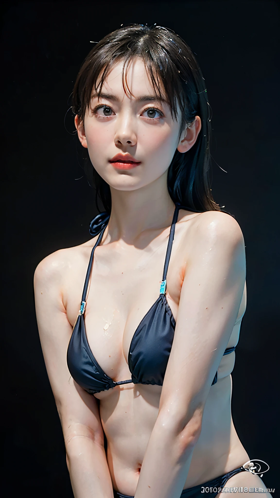 "((Highest quality,16K,High resolution,masterpiece:1.6)),ultra-detailed,Very detailed,(Realistic,photoRealistic,photo-Realistic:1.37), ((Italian woman in a micro bikini looking at the camera:1.6)),((Head to knee portrait image)), Thin waist and thick hips,(( A powerful body that attracts the opposite sex)), 18-year-old, Beautiful and elaborate face, detailed feature, Dark gray darkness background,Portrait-like beauty,Movie actress beauty, Soft indirect lighting in the studio,((Delicate artwork on a dark grey background))、((A beautiful figure that stands out against a dark background))、
