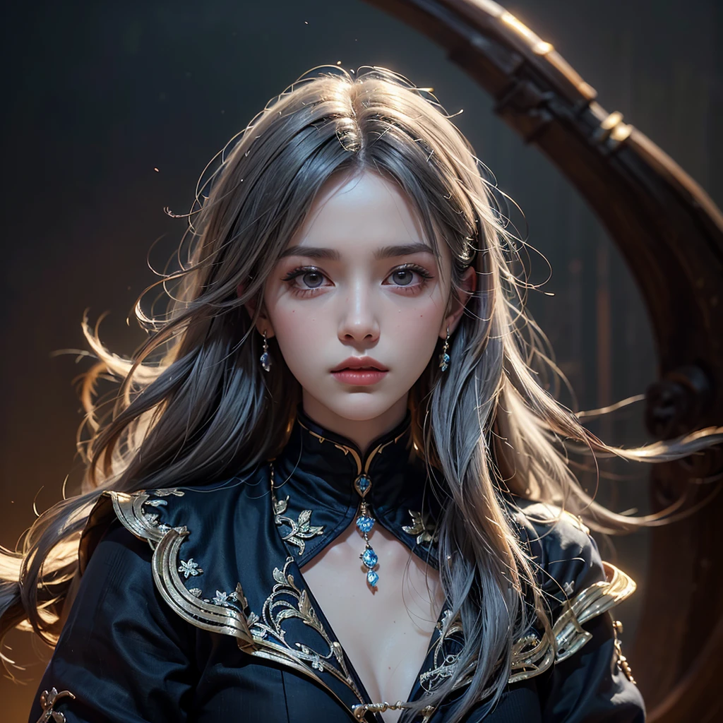 (Front Focus), (In the Dark:1.6), Hyperrealist Female Portrait by David Hockney and Alphonse Mucha, Fantasy art, Photo Real, Dynamic Lighting, Art Station, Poster, Volumetric lighting, Highly detailed face, 4k yen, Awards, One girl, In the Dark, Deep Shadow, Modest, Cowboy Shot, (Official attire:1.4), Long Hair, Gray Hair