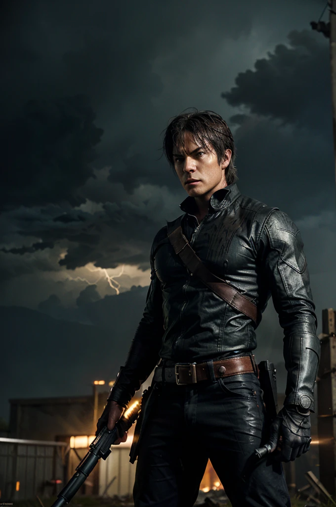 "Damon Salvatore stands like a titan in the midst of a torrential downpour, his muscular physique drenched in rain, adorned with menacing skull face paint. He wields an arsenal of weapons: an assault rifle slung over his shoulder, a pistol in his hand, and grenades strapped to his chest. His piercing eyes, framed by the streaks of rain, glare fiercely ahead with unwavering determination. Lightning flashes and thunder rumbles overhead, casting a surreal glow on the battlefield engulfed in chaos and destruction. Damon's presence exudes raw power and unyielding resolve as he stands ready to conquer amidst the storm."