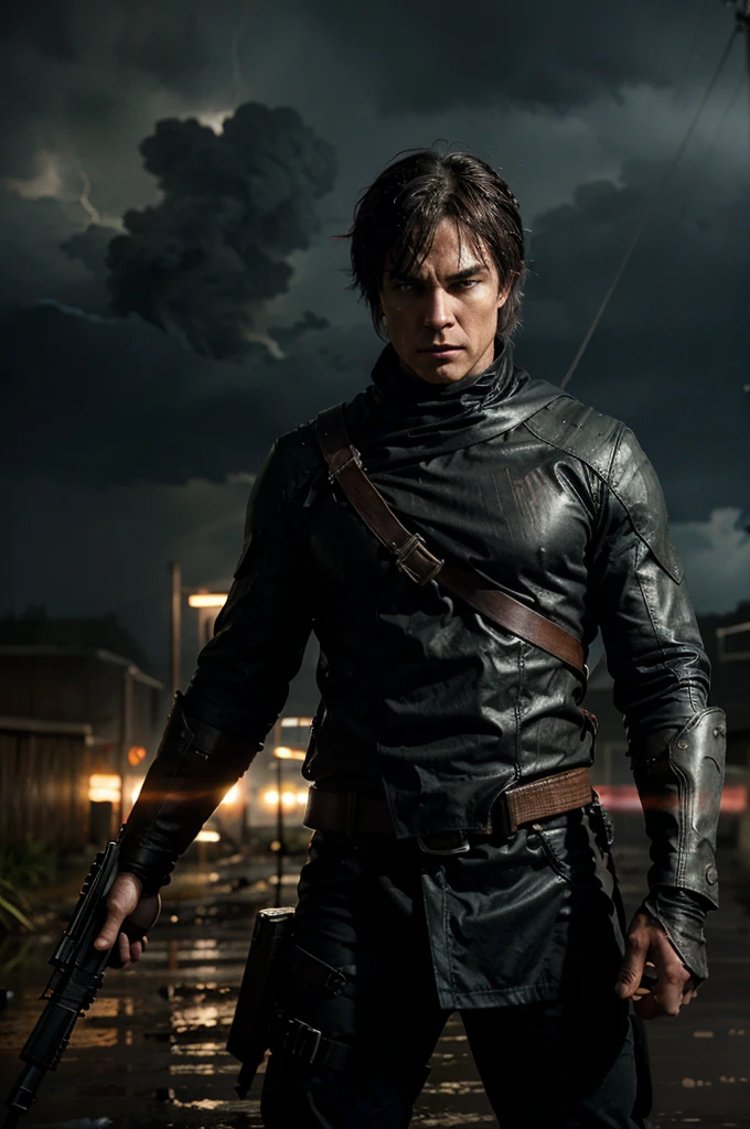 "Damon Salvatore stands like a titan in the midst of a torrential downpour, his muscular physique drenched in rain, adorned with menacing skull face paint. He wields an arsenal of weapons: an assault rifle slung over his shoulder, a pistol in his hand, and grenades strapped to his chest. His piercing eyes, framed by the streaks of rain, glare fiercely ahead with unwavering determination. Lightning flashes and thunder rumbles overhead, casting a surreal glow on the battlefield engulfed in chaos and destruction. Damon's presence exudes raw power and unyielding resolve as he stands ready to conquer amidst the storm."






