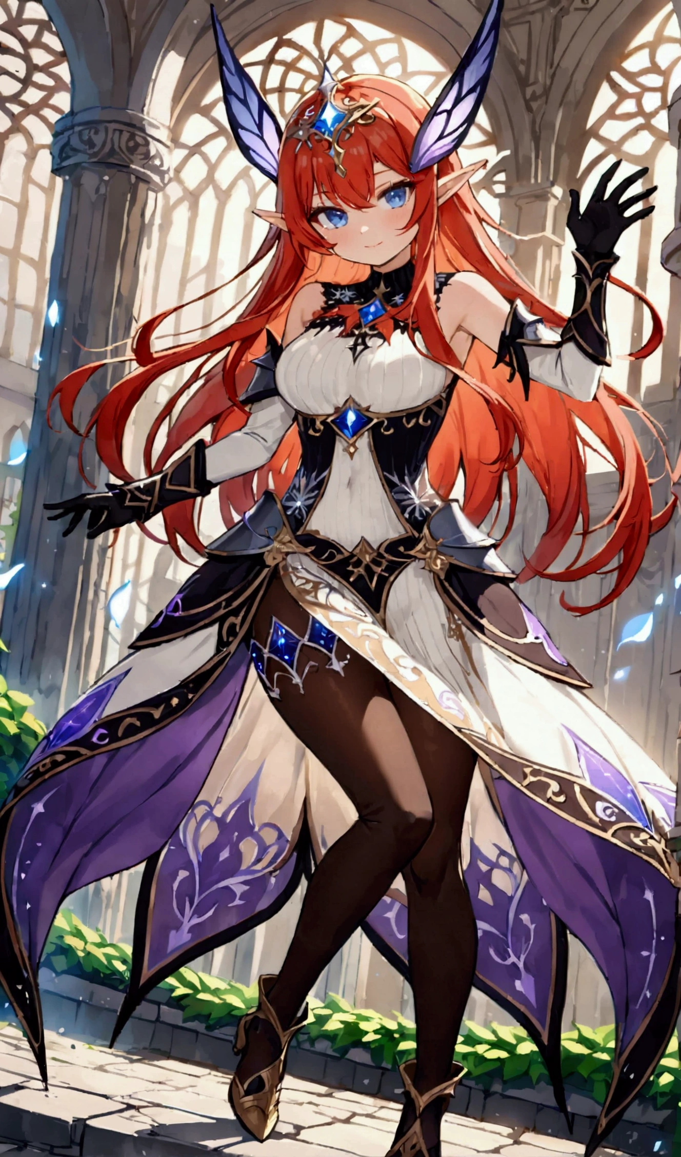 red hair girl, masterpiece, best quality, very aesthetic, absurdres,newest, anime style, seductive smile, long hair, straight hair, HairDetailer, (sleeveless sweater black and white full body ethereal mage dress armor with black gloves:1.3)), (((Beautifully decorated costumes that are intricate and delicate.:1.4))), (mini skirt), (White accessories:1.3), (hair ornament:1.3), ((perfect curves)), (y breashiny skin, skinny, slender body:1.4), (glows deep sapphire blue eyes:1.2), (gradient eyes:1.2), (symmetrical eyes:1.2), (big highlight on eyes:1.3), strong eyeliner and eyelashes, BeautifulEye, black leggings under shorts, slim waist, navel, dynamic angle, stylish pose, GoodHands, (monster girl), delicate, pure, mystical, intricate, surreal,  elf, Cute, Adorable, intricate, Add Detail, (nsfw)