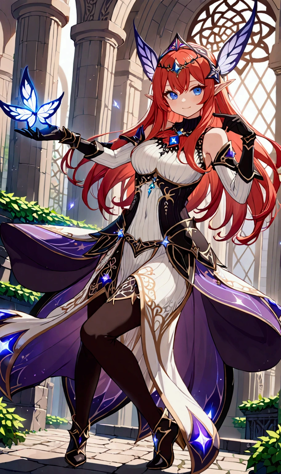 red hair girl, masterpiece, best quality, very aesthetic, absurdres,newest, anime style, seductive smile, long hair, straight hair, HairDetailer, (sleeveless sweater black and white full body ethereal mage dress armor with black gloves:1.3)), (((Beautifully decorated costumes that are intricate and delicate.:1.4))), (mini skirt), (White accessories:1.3), (hair ornament:1.3), ((perfect curves)), (puffy breasts), (shiny skin, skinny, slender body:1.4), (glows deep sapphire blue eyes:1.2), (gradient eyes:1.2), (symmetrical eyes:1.2), (big highlight on eyes:1.3), strong eyeliner and eyelashes, BeautifulEye, black leggings under shorts, slim waist, navel, dynamic angle, stylish pose, GoodHands, (monster girl), delicate, pure, mystical, intricate, surreal, elf, Cute, Adorable, intricate, Add Detail, (nsfw)