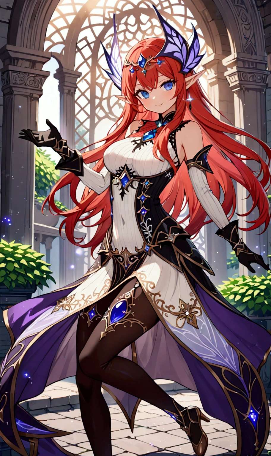 red hair girl, masterpiece, best quality, very aesthetic, absurdres,newest, anime style, seductive smile, long hair, straight hair, HairDetailer, (sleeveless sweater black and white full body ethereal mage dress armor with black gloves:1.3)), (((Beautifully decorated costumes that are intricate and delicate.:1.4))), (mini skirt), (White accessories:1.3), (hair ornament:1.3), ((perfect curves)), (puffy breasts), (shiny skin, skinny, slender body:1.4), (glows deep sapphire blue eyes:1.2), (gradient eyes:1.2), (symmetrical eyes:1.2), (big highlight on eyes:1.3), strong eyeliner and eyelashes, BeautifulEye, black leggings under shorts, slim waist, navel, dynamic angle, stylish pose, GoodHands, (monster girl), delicate, pure, mystical, intricate, surreal,  elf, Cute, Adorable, intricate, Add Detail, (nsfw)