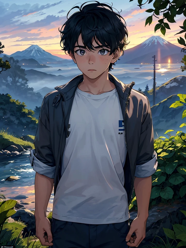 A young-looking boy is standing in the foreground, looking straight ahead and a serene expression on his face. Behind him, Majestic mountains covered in lush vegetation rise. The sky is filled with the warm colors of the sunset, creating a magical and tranquil atmosphere around the . Su cabello oscuro y su ropa son ligeramente agitados por la suave brisa de la tarde. His eyes are full of determination and curiosity as he scans the horizon, Ready to face any challenge that comes your way.