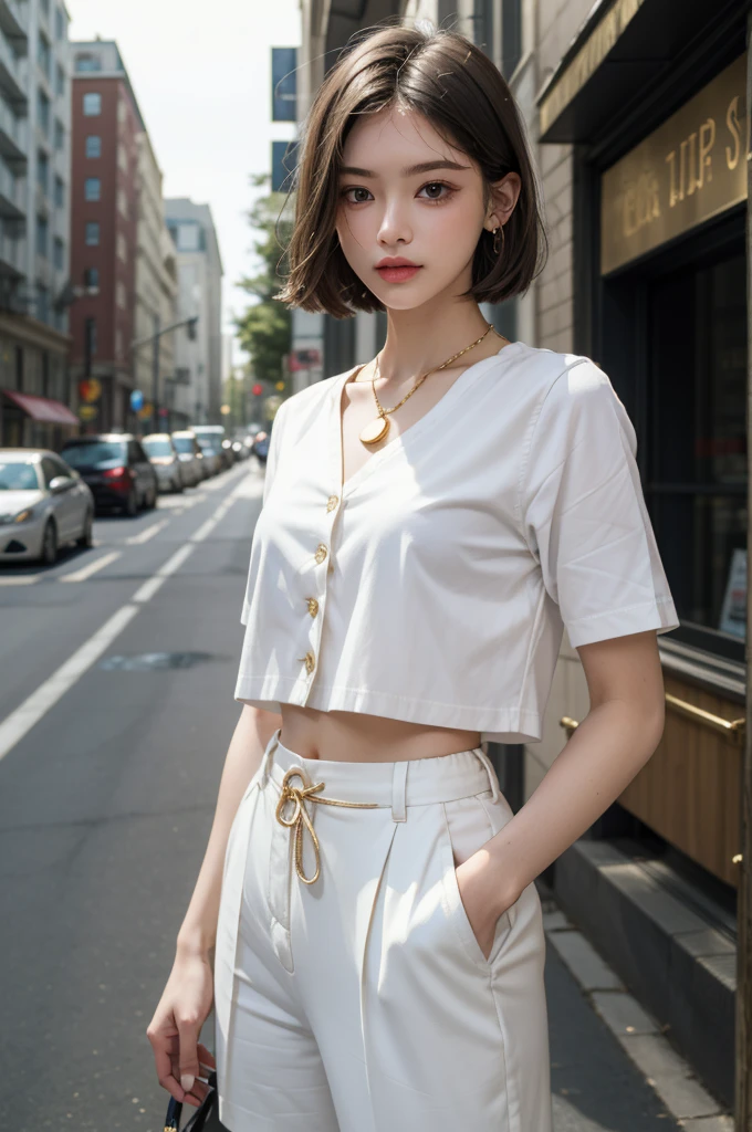 (masterpiece, best quality, beautiful and aesthetic:1.3), 1 Girl, Solitary, White waist short suit，Gold suit buttons，White shirt，White trousers，A faint smile, portrait, Looking at the audience, Android 18, (White short hair:1.3), blue eyes, eyelash, Hoop Earrings, necklace, On the Street