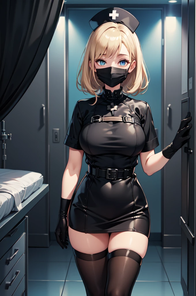 black nurse, 1woman, solo, black nurse cap, black nurse uniform, ((black legwear, zettai ryouiki)), black elbow gloves, blonde hair, blue eyes, ((black surgical mask, covered nose)), standing, ((surgery room)), sharp outline, short sleeves, mature female, 35 years old, best quality, masterpiece