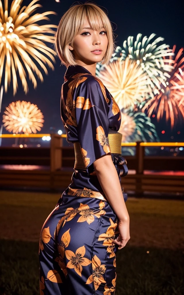 ass, gyaru, dark-skinned, shiny oiled skin, blond hair, short cut hair, wearing japanese yukata, standing, dark-night, deep fog, orange rantan light, Fireworks Festival Venue, Fireworks in the background, cinematic lighting