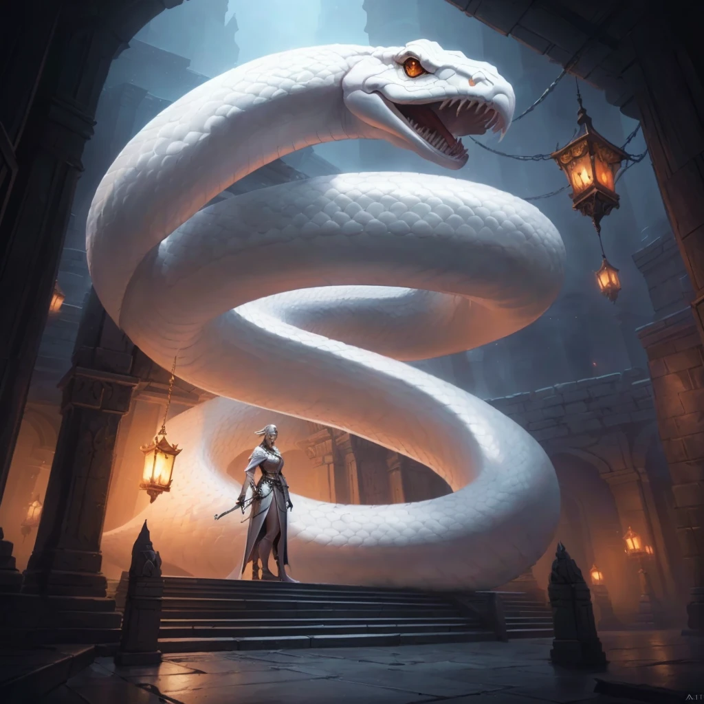 there is a big white snake standing on a building, realistic fantasy illustration, dungeons and dragons art, d&trends at artstation, a sinister fantasy illustration, Fantasy art Behance, dungeons and dragons fantasy art, hyperrealistic d & of fantasy art, smooth digital concept art, d & d fantasia pintura digital, Artstation contest winner