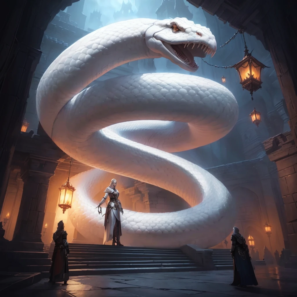 there is a big white snake standing on a building, realistic fantasy illustration, dungeons and dragons art, d&trends at artstation, a sinister fantasy illustration, Fantasy art Behance, dungeons and dragons fantasy art, hyperrealistic d & of fantasy art, smooth digital concept art, d & d fantasia pintura digital, Artstation contest winner