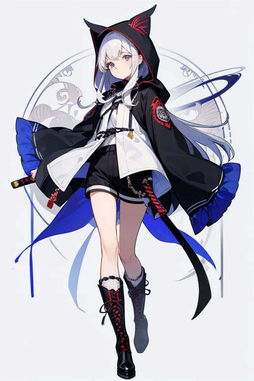 ((Highest quality)), ((masterpiece)), (detailed), One girl, 、delicate、Silvery white hair、Ultramarine eyes、Bright and intelligent、Red camellia hairpin、Side Tail、Japanese sword、Black-based techno clothing、Lace-up long boots、Hooded jacket、Shorts
