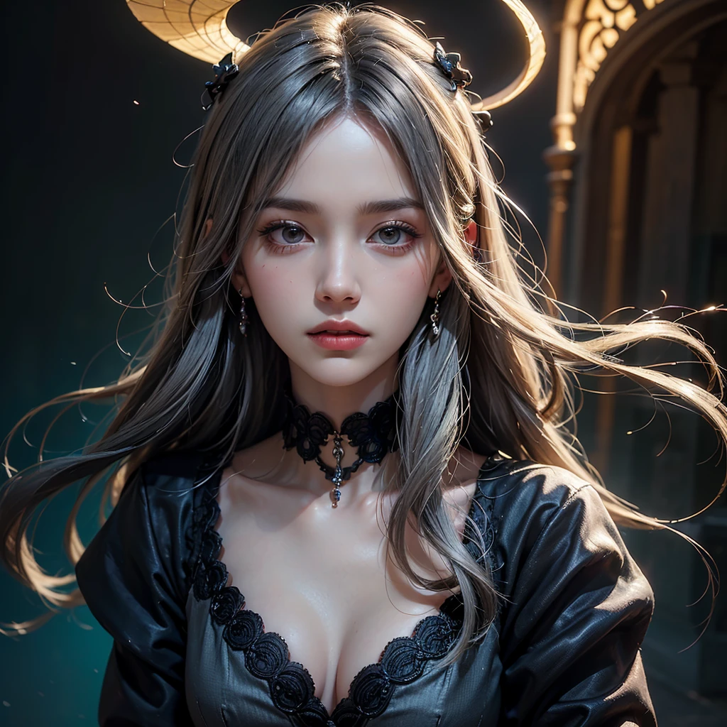 (Front Focus), (In the Dark:1.6), Hyperrealist Female Portrait by David Hockney and Alphonse Mucha, Fantasy art, Photo Real, Dynamic Lighting, Art Station, Poster, Volumetric lighting, Highly detailed face, 4k yen, Awards, One girl, In the Dark, Deep Shadow, Modest, Cowboy Shot, (Official attire:1.4), Long Hair, Gray Hair