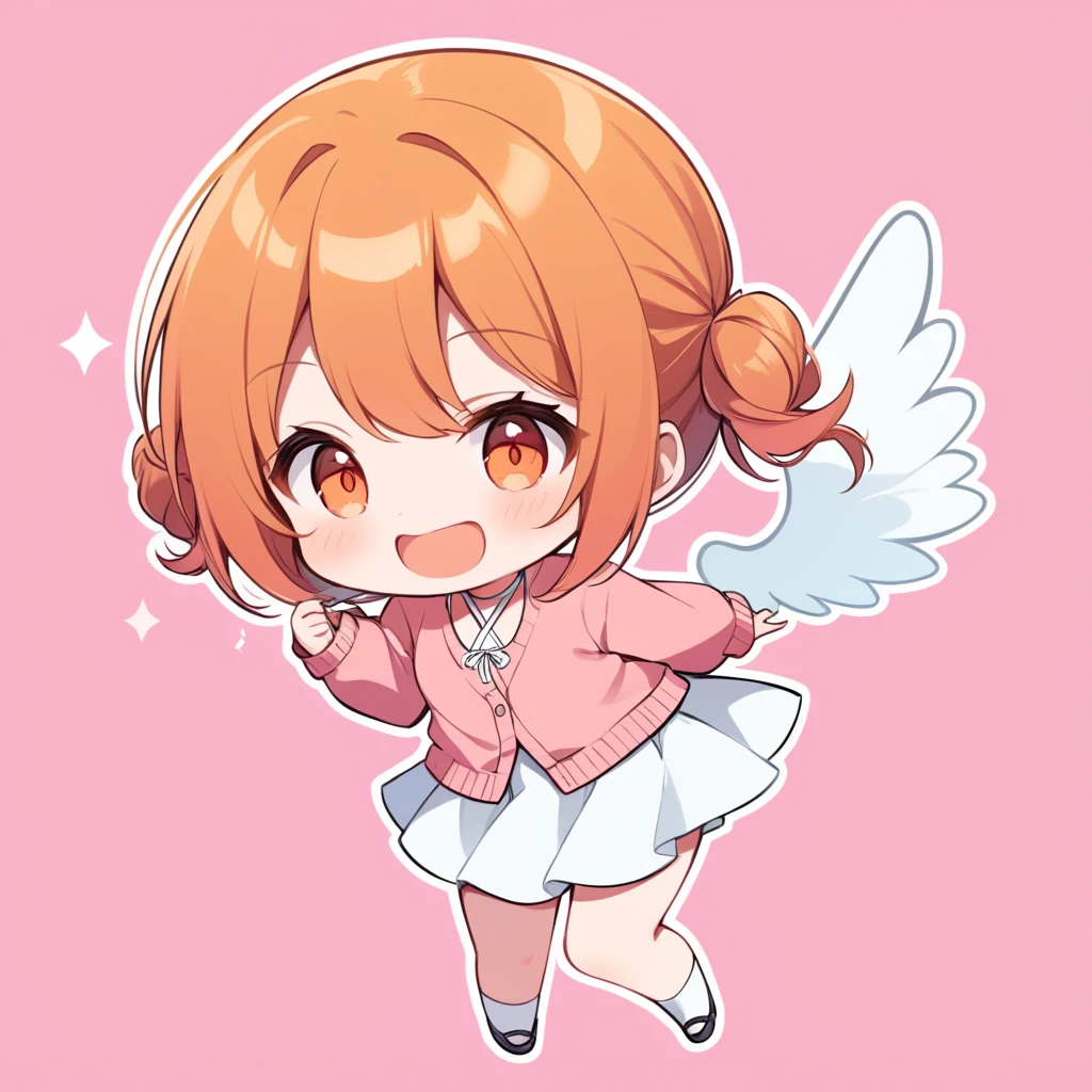 orange hair, orange eyes,girl,Pigtails with the ends tied up,laugh, chibi, little witch, 1 woman,halterneck,White dress,pink cardigan,panties,Angel Wings
