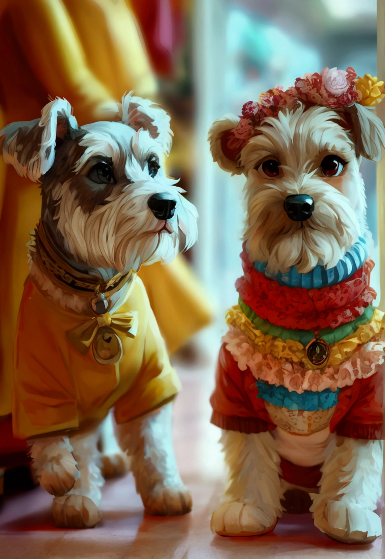 A schnauzer, a teddy bear and a Maltese are choosing their own clothes in the mall