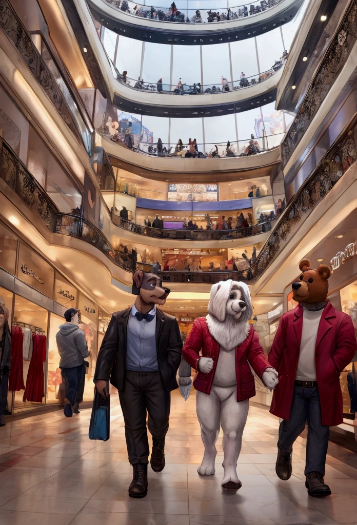 A schnauzer, a teddy bear and a Maltese are choosing their own clothes in the mall