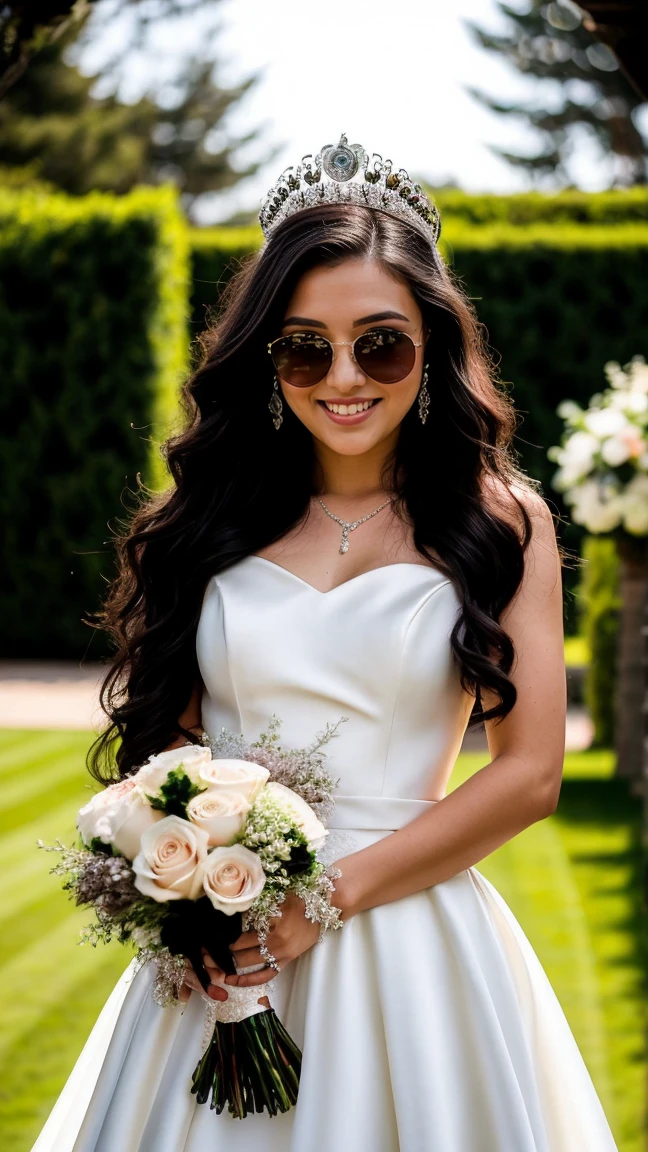 (((half body shot))), wedding white dress princess, holding the wedding bouquet, lilac and white bouquet, A 23 year old brunette woman, skin brown, smile, ((large)), detailed face, perfect face, detailed eyes, perfect eyes, ((hyper realism)),. Hair with black roots. black hair, Hair with brown roots, extra long hair, very long hair, very long hair, Nice, front view, Selfie, Photo taken with iPhone, elegant silheta princess wedding dress, Selfie in the garden, Good quality, Selfie iPhone , face ultra ultra super 8k hd