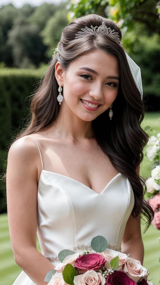 (((half body shot))), wedding white dress princess, holding the wedding bouquet, lilac and white bouquet, A 23 year old brunette woman, skin brown, smile, ((large)), detailed face, perfect face, detailed eyes, perfect eyes, ((hyper realism)),. Hair with black roots. black hair, Hair with brown roots, extra long hair, very long hair, very long hair, Nice, front view, Selfie, Photo taken with iPhone, elegant silheta princess wedding dress, Selfie in the garden, Good quality, Selfie iPhone , face ultra ultra super 8k hd