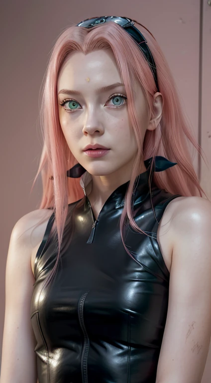 young woman, long pink hair, wide forehead, porcelain skin, pink eyebrows, big emerald green eyes, buttoned nose, thick lips, heart-shaped face, slender body, small breasts, pink leather dress, Sakura Haruno, realistic, realism black details 3d
