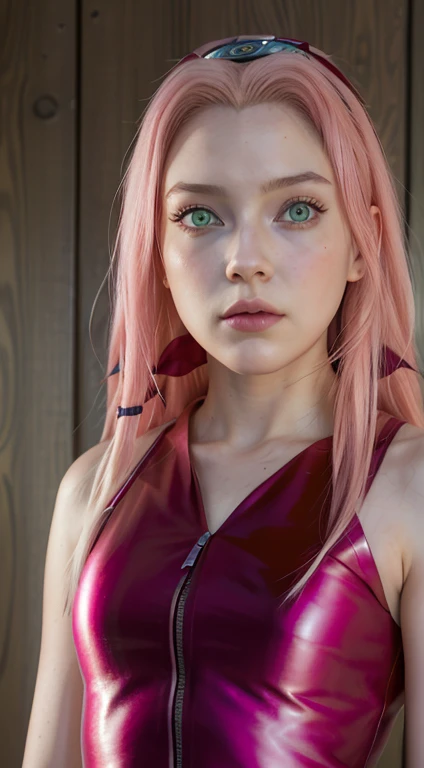 young woman, long pink hair, wide forehead, porcelain skin, pink eyebrows, big emerald green eyes, buttoned nose, thick lips, heart-shaped face, slender body, small breasts, pink leather dress, Sakura Haruno, realistic, realism black details 3d