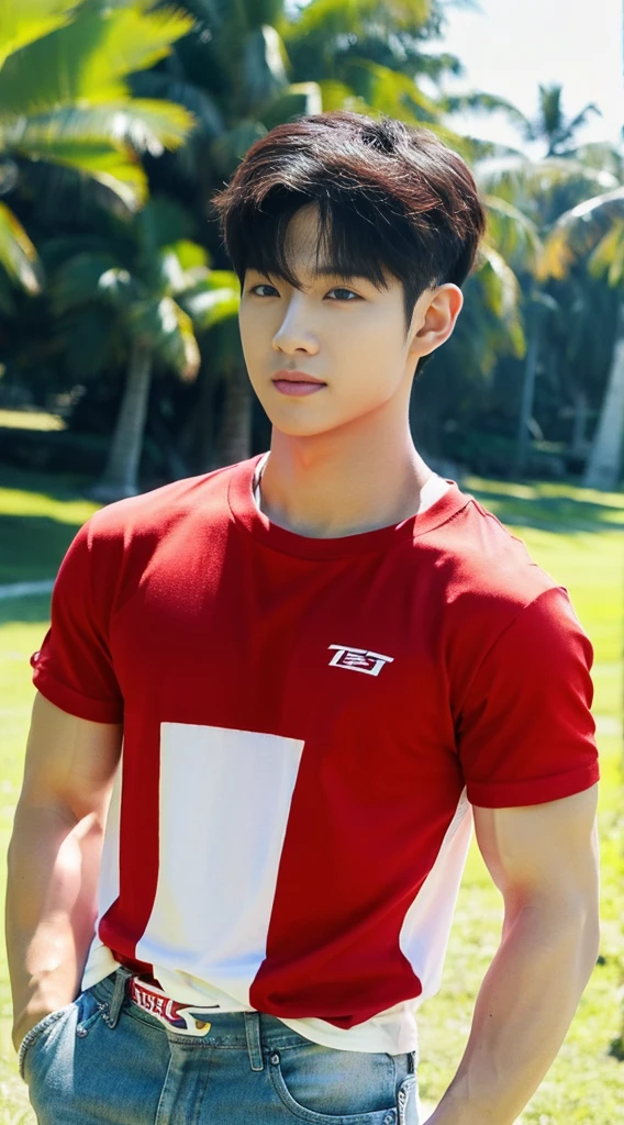 A handsome, muscular young Asian man looks at the camera. In a simple t-shirt white and red , Fieldside, grass, beach, sunlight