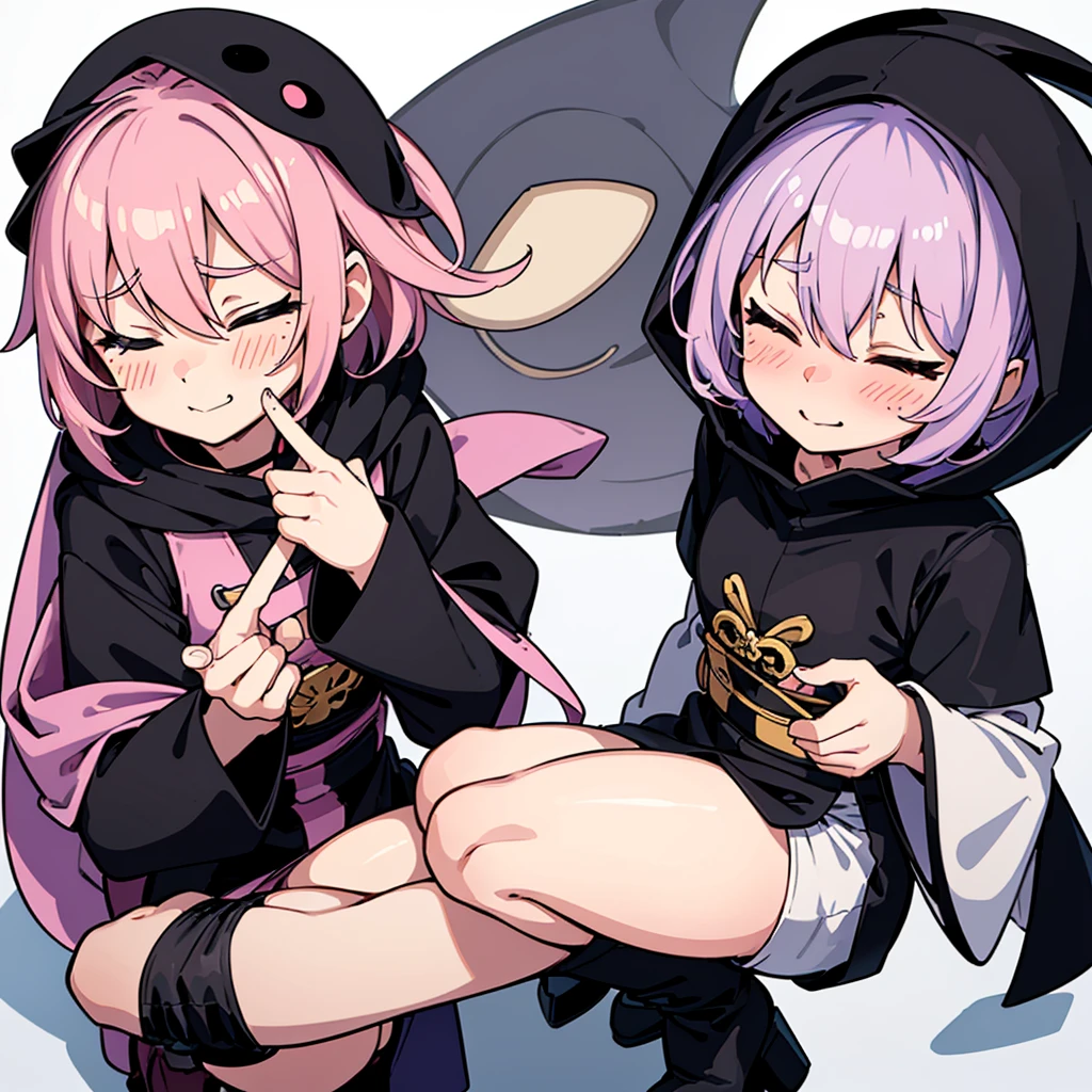 (Full body character concept)、Best illustrations、Best Quality、(Solo、23 years old)、(The same face:1.1),Medieval Fantasy、Magic wand,(White Background)、(Pink Hair、Very Short Hair、Align your bangs)、(Black hood、Long sleeve、Black Robe、pants、Knee-high boots)、(From below)、Run、(Close your eyes、Close your eyes)、Cowboy Shot