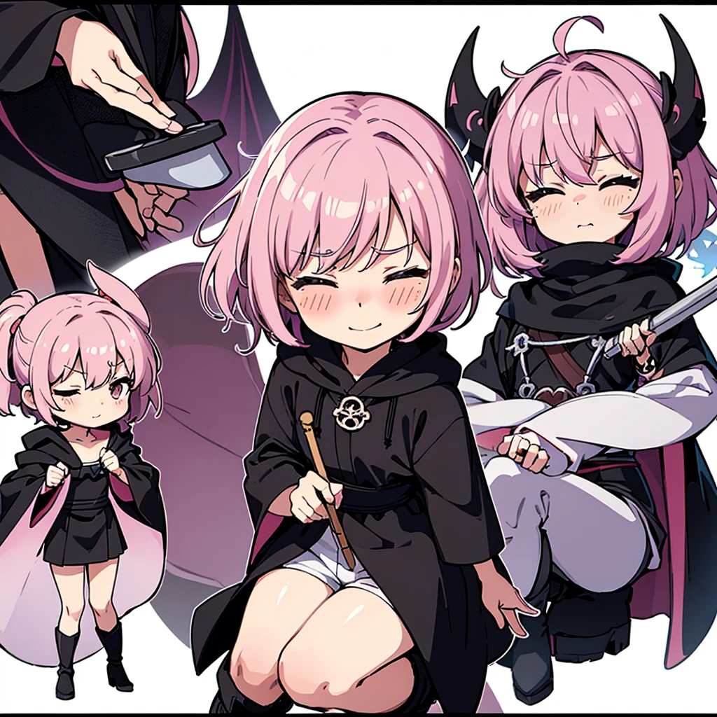 ((((Chibi Character))))、(whole body)、(Back view、front、From the side、From above)、(((Wearing a black hood)))、Best illustrations、Best Quality、(23 years old)、(The same face:1.1),Medieval Fantasy、Magic wand,(White Background)、(Pink Hair、Very Short Hair、Align your bangs)、(((Long sleeve、Black Robe、pants、Knee-high boots)))、Fighting stance、(smile、Embarrassed、blush、Embarrassing、Close your eyes)、Sit on the ground