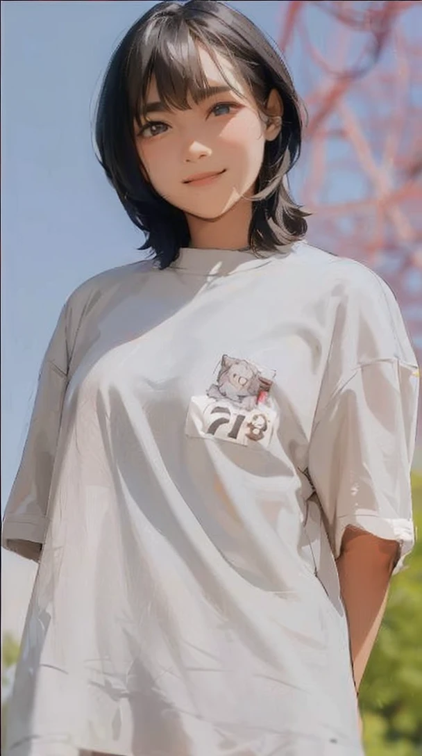 1 woman, , mid parted hair, thick fat body, black eyes, Indonesian high-school uniform, white shirt, osis logo on shirt pocket, large breasts, greed skirt, half-shot, smiling