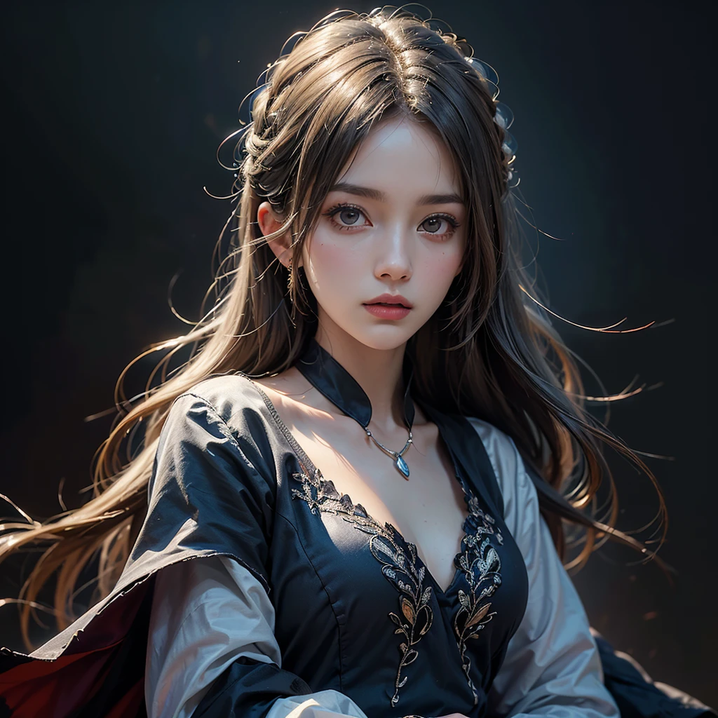 (Front Focus), (In the Dark:1.6), Hyperrealist Female Portrait by David Hockney and Alphonse Mucha, Fantasy art, Photo Real, Dynamic Lighting, Art Station, Poster, Volumetric lighting, Highly detailed face, 4k yen, Awards, One girl, In the Dark, Deep Shadow, Modest, Cowboy Shot, (Official attire:1.4), Long Hair, Gray Hair