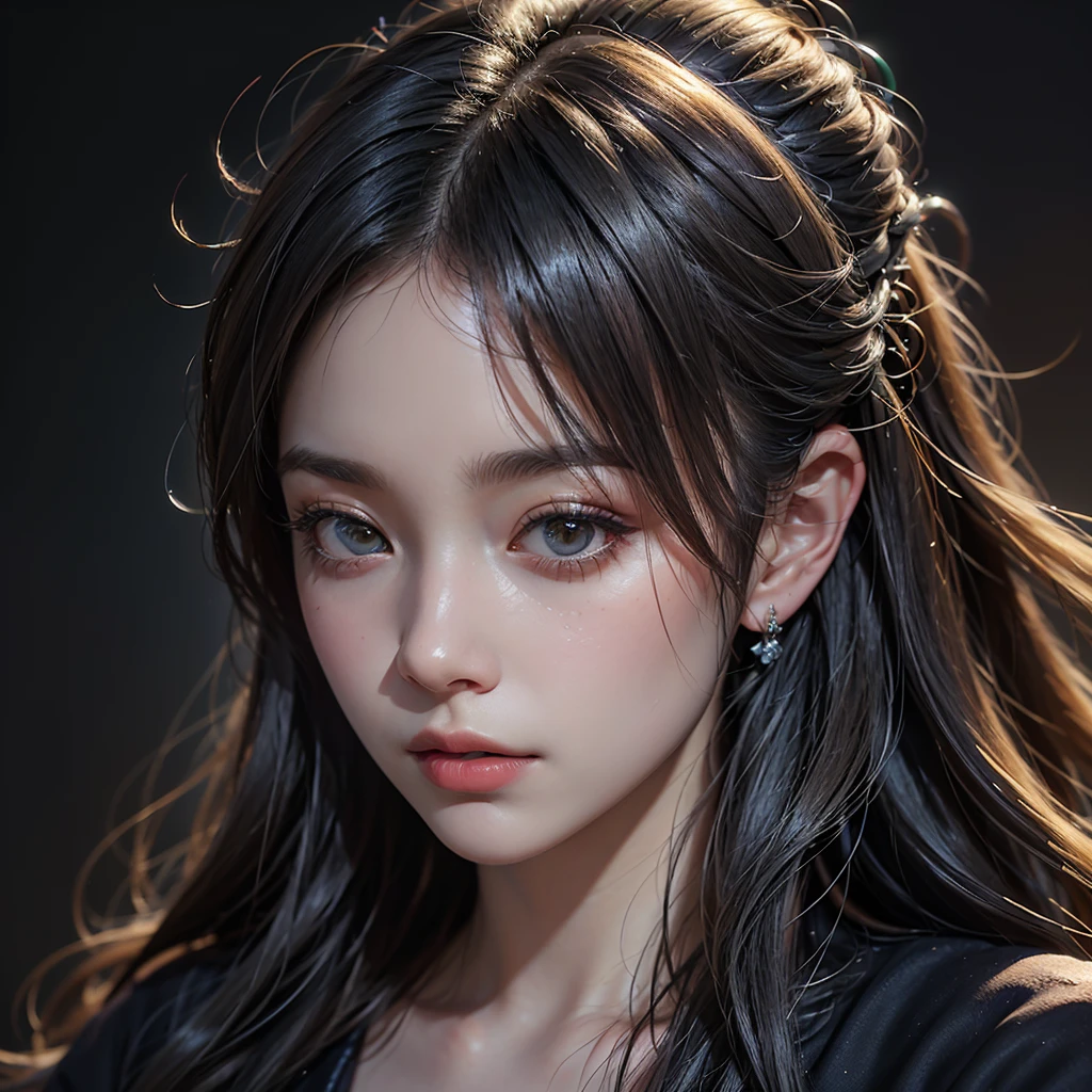 (Front Focus), (In the Dark:1.6), Hyperrealist Female Portrait by David Hockney and Alphonse Mucha, Fantasy art, Photo Real, Dynamic Lighting, Art Station, Poster, Volumetric lighting, Highly detailed face, 4k yen, Awards, One girl, In the Dark, Deep Shadow, Modest, Cowboy Shot, (Official attire:1.4), Long Hair, Gray Hair