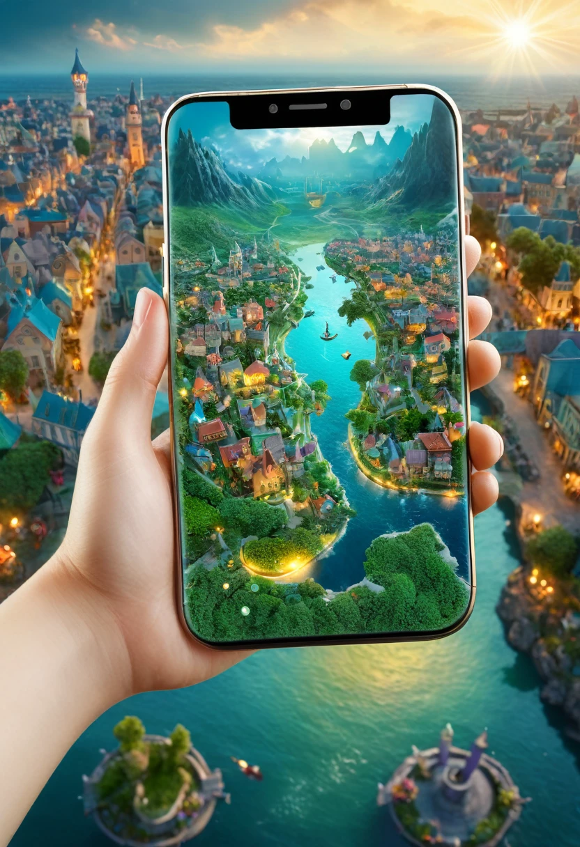 It's very realistic, with a smartphone in your hand and a map displayed on the smartphone screen, There is a part of a magical city that looks like a fairy tale  in the depths of the image, outdoor