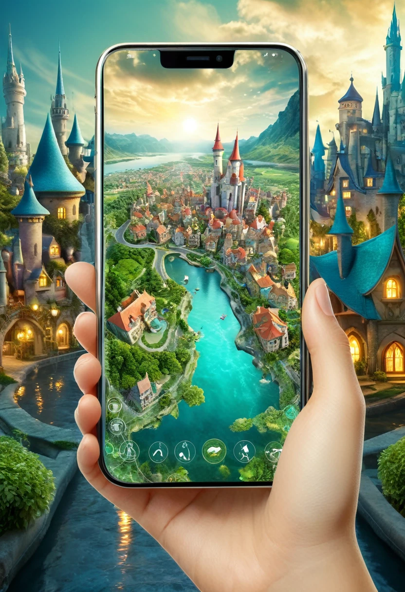 It's very realistic, with a smartphone in your hand and a map displayed on the smartphone screen, There is a part of a magical city that looks like a fairy tale  in the depths of the image, outdoor