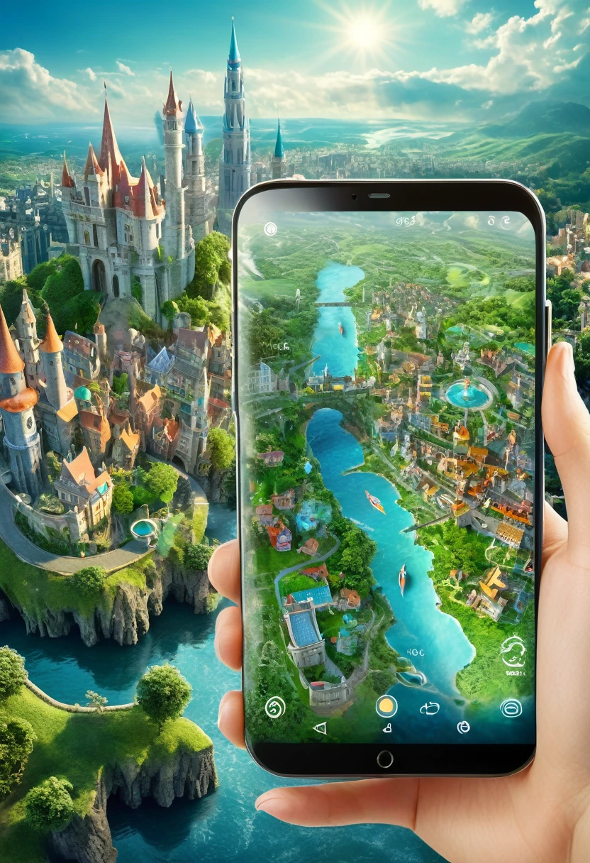 It's very realistic, with a smartphone in your hand and a map displayed on the smartphone screen, There is a part of a magical city that looks like a fairy tale  in the depths of the image, outdoor