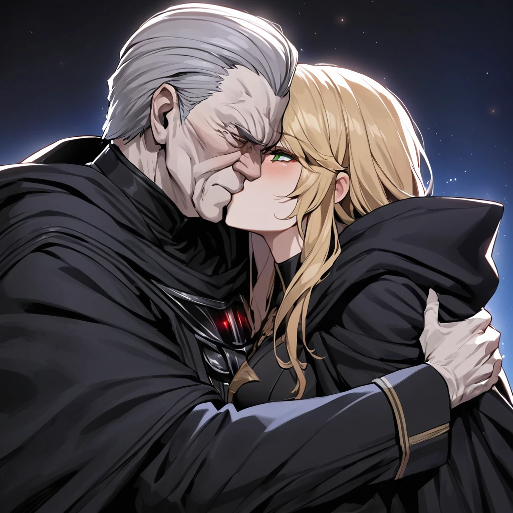 ((Highest quality)), ((masterpiece)), (detailed), （Perfect Face）、The woman is Tiare, a beautiful Space Imperial Army officer with green eyes and medium-long blonde hair, wearing a Space Imperial Army uniform and military cap.、The woman pledges her loyalty to Emperor Palpatine, and they embrace, love, and kiss.、The woman is standing close to the Emperor, and the dignified old Emperor Palpatine is holding her close, kissing her and loving her.、The man is Darth Sidious, Emperor Palpatine, Dark Lord of the Sith, a wrinkled, dignified, ugly old man wearing a black hooded robe, embracing, kissing and fondling a woman.