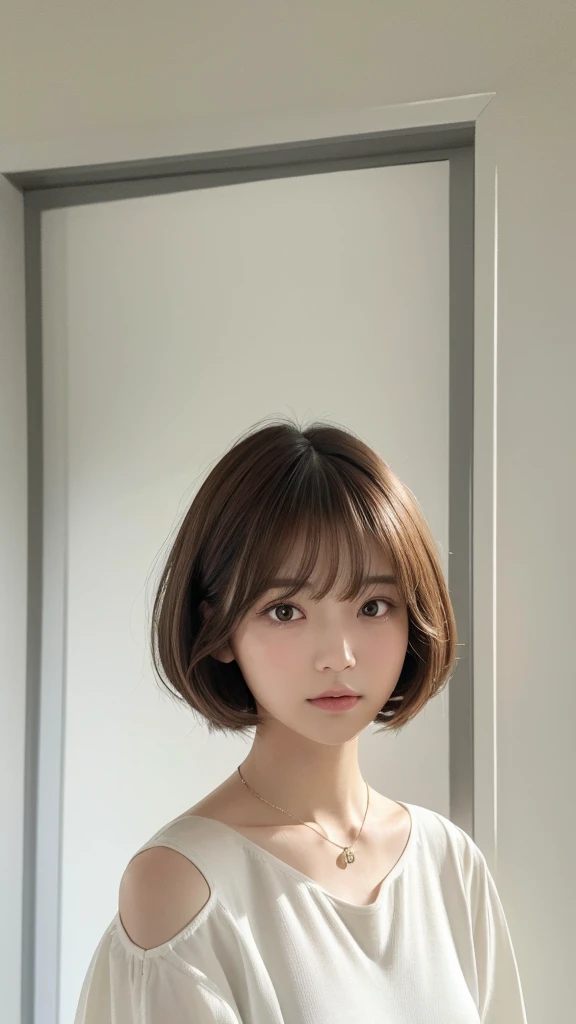 Close-up of a brown-haired woman in a white shirt, Shoulder-length hair, Shoulder - Length hair, Medium length hair, Curtain bang, Medium Hair, with short hair, princess cut, Shoulder-length hair, 白princess cutの髪型, Korean symmetrical face, short～Medium Hair, Shoulder - Length, Neat hairstyle with bangs、White wall、In front of a white door、((A room with a white wall and a window))、Mr.々A pose、Simple Necklace、Layered Cut、Don&#39;Don&#39;t look at the camera