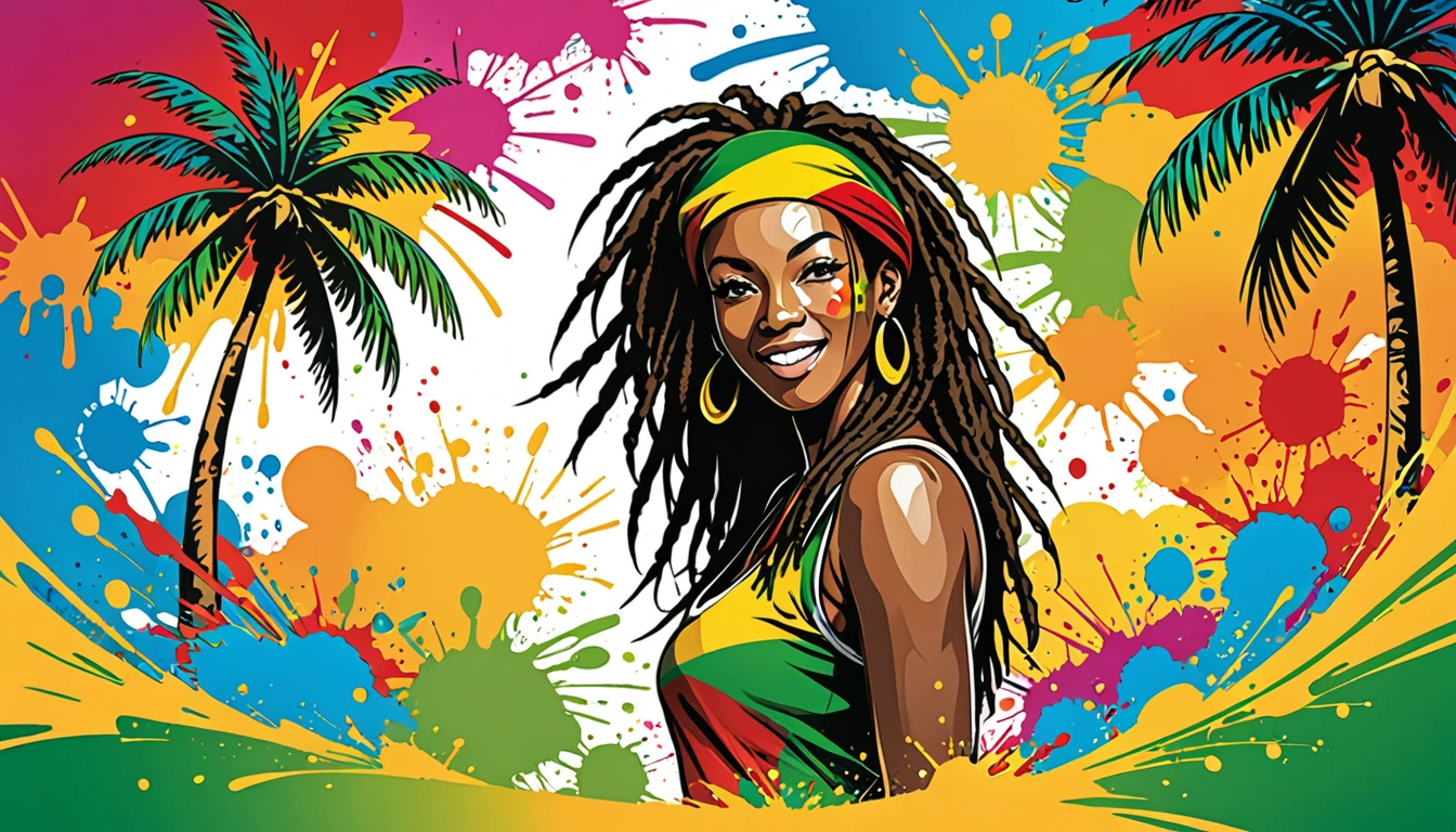 Vector art, Lots of Jamaican Reggae, Authentic Jamaican reggae music atmosphere,Color illustrations, in the center, Vibrant colors, Paint splatters and stains, High detail,
Palm tree,