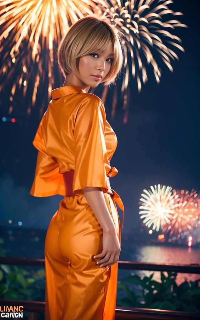 ass, gyaru, dark-skinned, shiny oiled skin, blond hair, wearing bikini, standing in seaside beach, dark-night, deep fog, orange lanthanum light, Fireworks Festival Venue, Fireworks in the background, cinematic lighting, full body shot