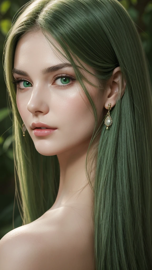 Portrait of a woman, European, extremely detailed face, gentle and friendly facial features, delicate features, very white skin, thin and slightly curved eyebrows, very long hair, straight, flowing hairstyle , green hair, seductive dull eyes, seductive gaze, earrings, green eyes, gentle red lips, frontal, facing the viewer, gentle and pleasant expression