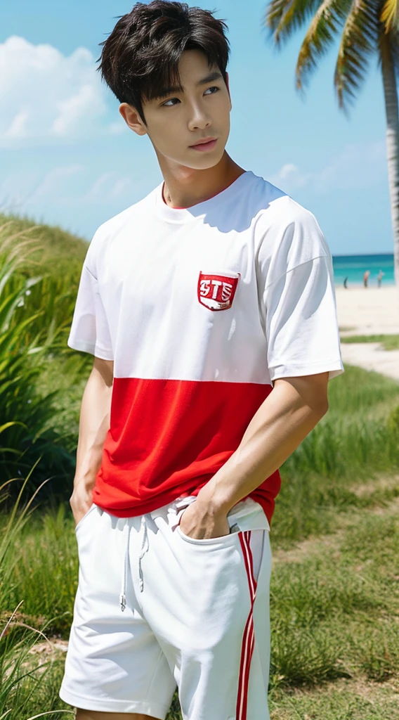 A handsome, muscular young Asian man looks at the camera. In a simple t-shirt white and red , Fieldside, grass, beach, sunlight