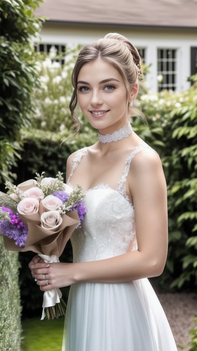 half body photo, sexy, photo of a 25 year old woman, (cute appearance, innocent face: 1.2), brown eyes, (brunette hair, ponytail: 1.1), flushed chest, no makeup, smile mischievous, pale skin, detailed face, choker, solo, full body, mermaid silhouette wedding dress, white wedding dress,  holding bouquet lilac and white,  garden background, face ultra ultra super 8k hd