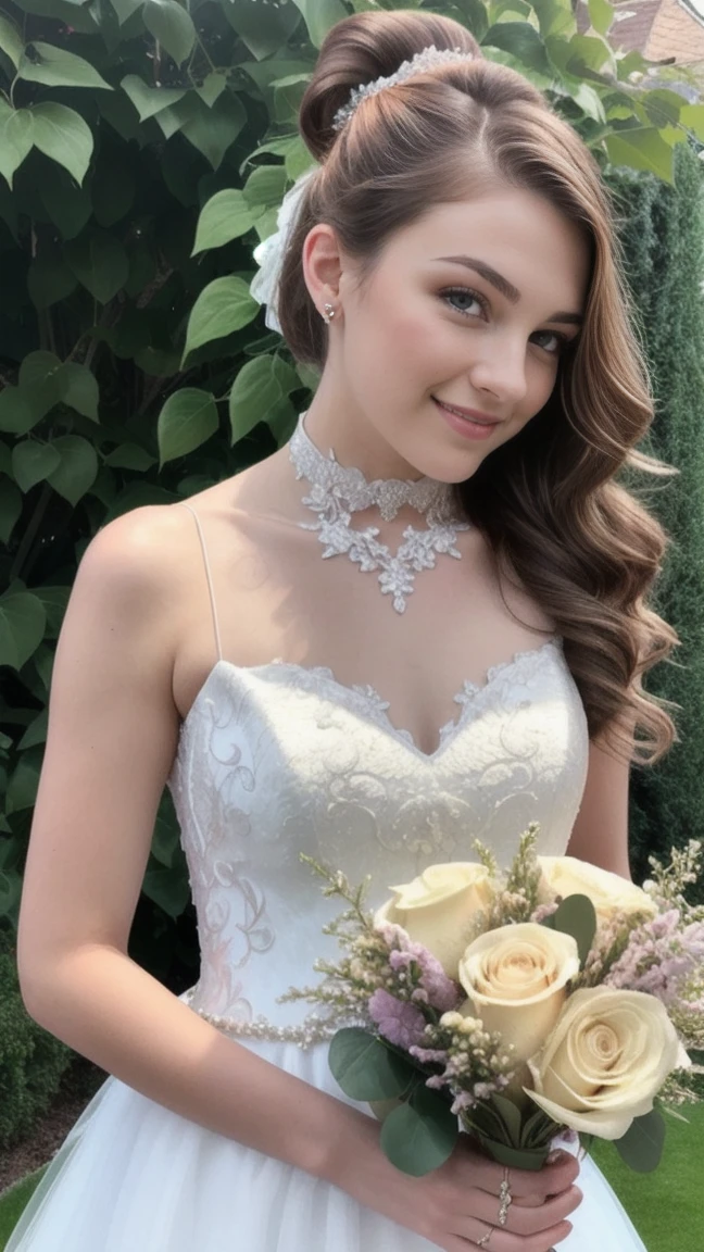 half body photo, sexy, photo of a 25 year old woman, (cute appearance, innocent face: 1.2), brown eyes, (brunette hair, ponytail: 1.1), flushed chest, no makeup, smile mischievous, pale skin, detailed face, choker, solo, full body, mermaid silhouette wedding dress, white wedding dress,  holding bouquet lilac and white,  garden background, face ultra ultra super 8k hd