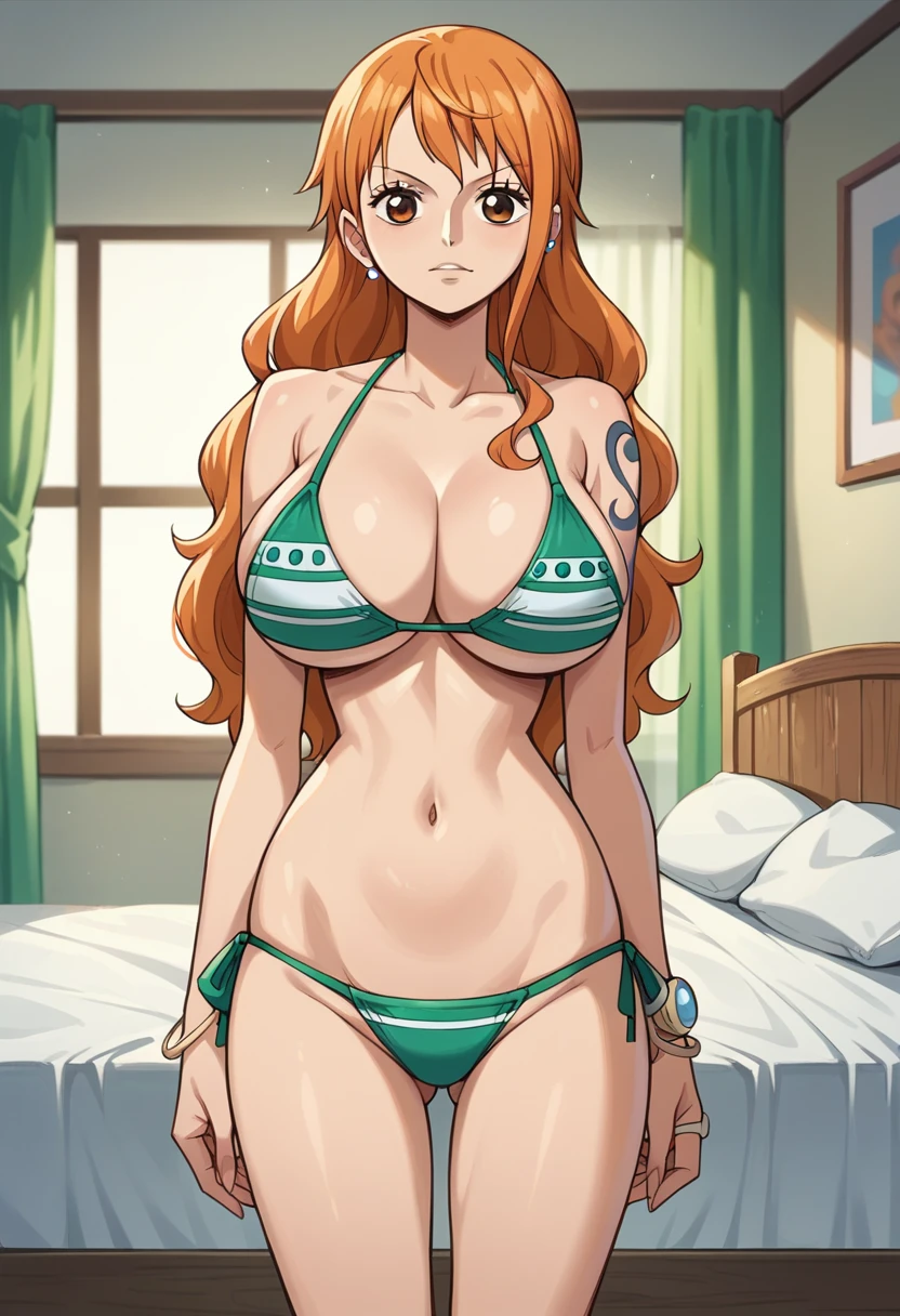 best quality, source_anime, 1girl, Nami, orange hair, big breasts, standing, bedroom, from front, bikini, looking at viewer, navel