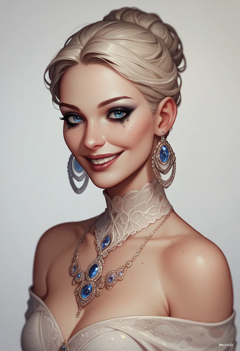 Prompt : beautiful lady, slight freckles, dark makeup, brune, big smile,hyperdetailed photography, soft light, full head and shoulders portrait, cover