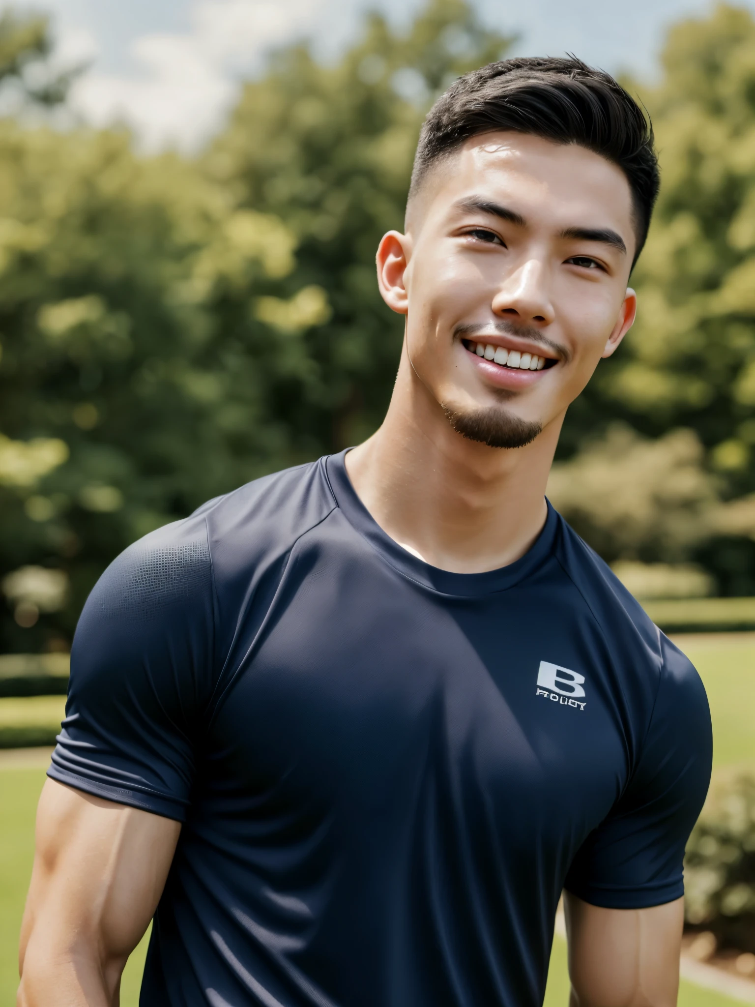 Tony Labrusca, (As a matter of fact, Masterpiece, 8k HD, good light quality, sportswear, fit the face, complicated details), A handsome, muscular young Korean man. , 20 years old, be happy, smile brightly, detailed face, delicate eyes, มองดูsky, Wear a navy tight T-shirt.:1.6, period, black eyes, Black hair color, ผมsmooth, smooth, outdoor sports, Along the garden, Sunny,sky，Surreal，Awesome details，Highest quality，real，Open your mouth to talk. , Close your eyes.