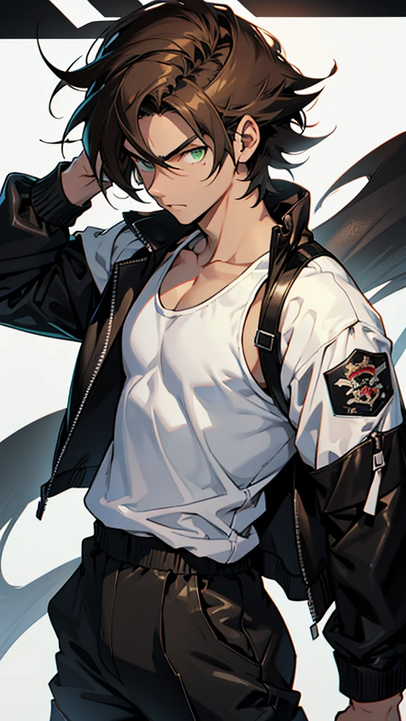 16 year old boy, 1.60 cm tall, dark green eyes, long dark brown hair, slim and muscular  , wind breaker style and  long face, fighter  
Anime, dressed in a white tank top and long black trousers and a black leather jacket with Japanese gangs symbols  
