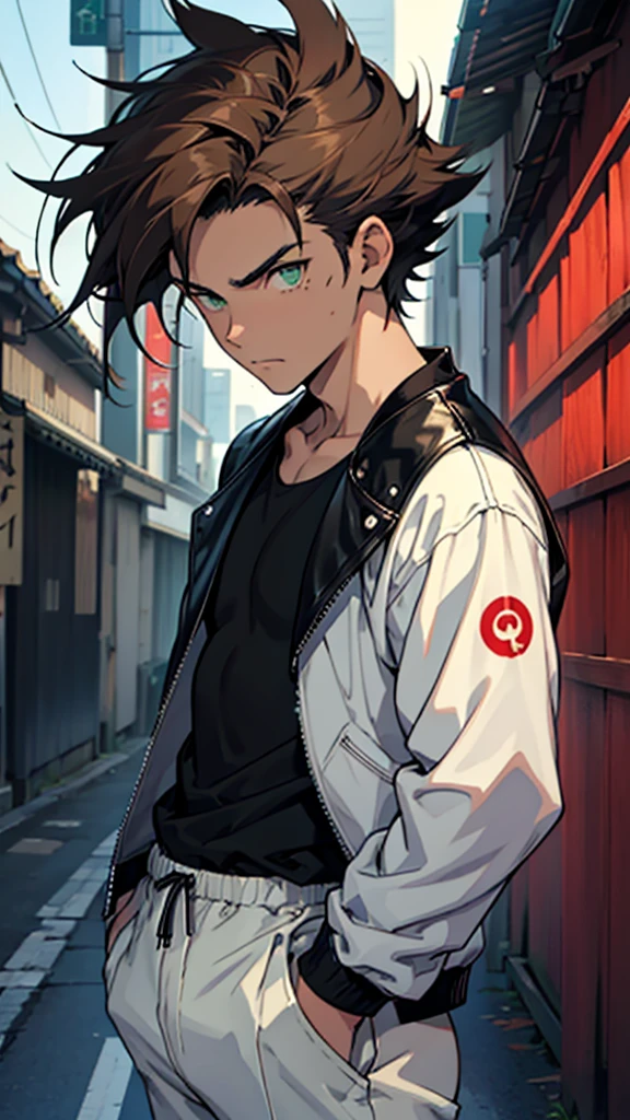 16 year old boy, 1.60 cm tall, dark green eyes, long dark brown hair, slim and muscular , wind breaker style and long face, fighter
Anime, dressed in a white tank top and long black trousers and a black leather jacket with Japanese gangs symbols